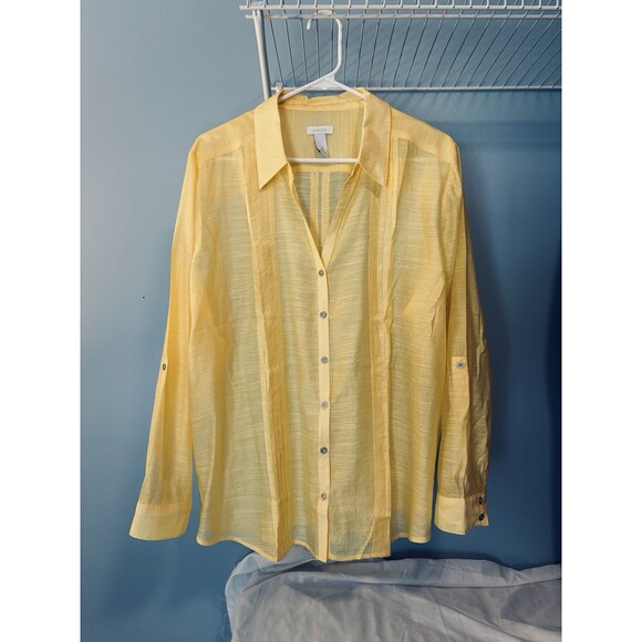 Chico's Women's Semi Sheer Button Front Top Shirt Roll Tab Sleeve Yellow Sz 3/L - Picture 1 of 9